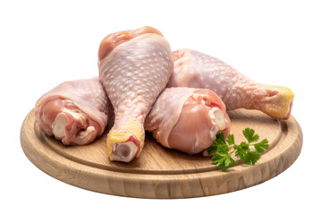 raw chicken drumsticks on wooden board.