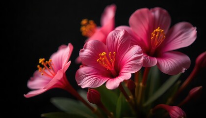 A close up shot of pink flowers with yellow stamens against a dark black colored background scene view