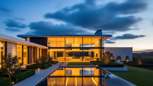 Modern luxurious home with expansive glass, reflecting pool, manicured grounds, twilight sky