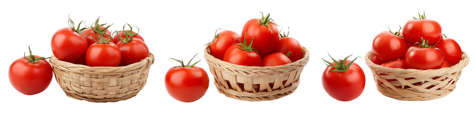 ripe tomatoes in baskets isolated on white background