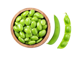 fresh edamame in bowl and pods isolated on white background.