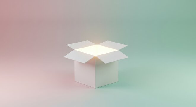 On a pastel backdrop,bright glow emanates from within an open,simple white box,perhaps representing new idea or creative opportunity.copy space.