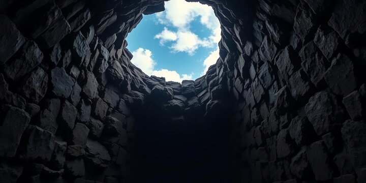 Dark, damp well shaft, rough stone walls, glimpse of sky above,  rough,  isolated
