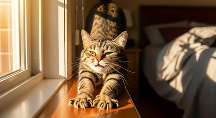 A tabby cat stretches in the sunlight on a window sill.