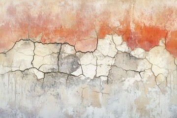Obraz premium A weathered, aged exterior wall displays deep cracks and varying shades of muted beige, gray, and reddish-orange hues.