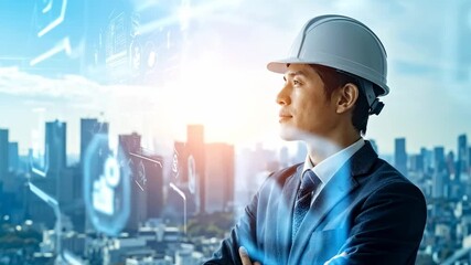 Engineer in hard hat looking at futuristic city skyline with digital interface overlay. - Powered by Adobe