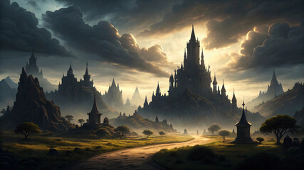 Mountain landscape panorama: castle in the mountains with sunset sky