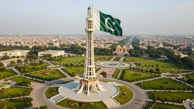 Aerial view of Minar-e-Pakistan with the giant Pakistani flag flying above it Pakistan Independence Day concept 
