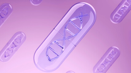 Multiple purple translucent capsules with visible DNA strands inside. 3D render