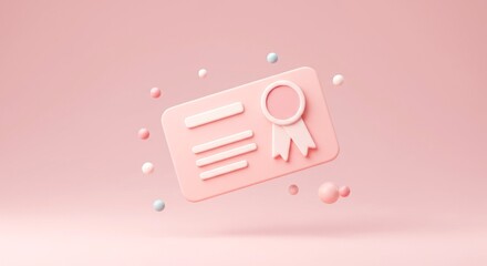 A soft pink background presents certificate of achievement,complete with ribbon detail and floating pastel spheres.Copy space.