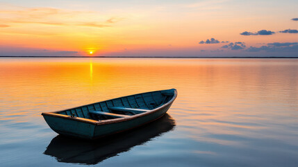 Fototapeta premium Serene boat floats on calm water during vibrant orange sunset, creating peaceful atmosphere