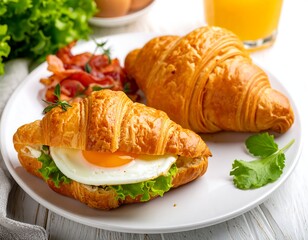 Delicious breakfast plate with a croissant sandwich and other breakfast items
