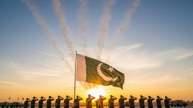 Pakistani flag waving high at sunrise with soldiers stand in salute on a military base while fighter jets flying above the flag Pakistan Independence Day concept
