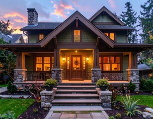 Fototapeta premium Elegant two-story home with porch and vibrant evening sky backdrop