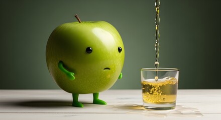 surreal anthropomorphic green apple with small legs pouring fresh apple juice into a glass on a pale wooden surface with a forest-green background, symbolizing freshness, playfulness, and creativity 