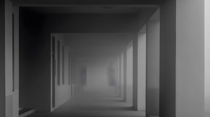 veil. A foggy grey corridor with distant doorways and soft, diffused lighting. real-estate listings, architecture portfolios, designed for real-estate listing and luxury residence showcases.