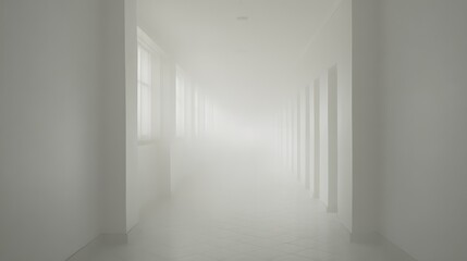 veil. A foggy grey corridor with distant doorways and soft, diffused lighting. real-estate listings, architecture portfolios, designed for real-estate listing and luxury residence showcases.
