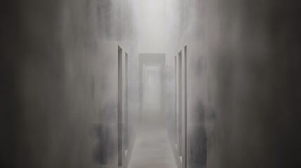 veil. A foggy grey corridor with distant doorways and soft, diffused lighting. real-estate listings, architecture portfolios, designed for real-estate listing and luxury residence showcases.