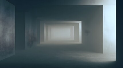 veil. A foggy grey corridor with distant doorways and soft, diffused lighting. real-estate listings, architecture portfolios, designed for real-estate listing and luxury residence showcases.