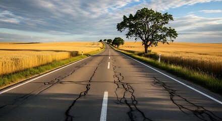 A long, cracked asphalt road winds through golden wheat fields under a dramatic, cloudy sky with a large oak tree on the right.