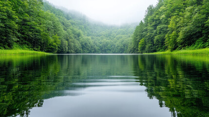 Serene lake surrounded by lush green trees and misty mountains reflecting on calm water