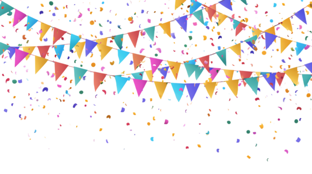 Celebratory Banner and Confetti on Transparent Background Festive Party Decor with Colorful Pennants Celebration Elements for Graphic Design, PNG