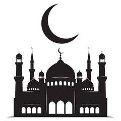 Mosque Silhouette with Crescent Moon - Islamic Symbol Vector