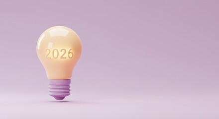 A softly glowing lightbulb,displaying the year 2026,sits on pale lavender background,suggesting innovation and bright ideas for coming year.copy space.