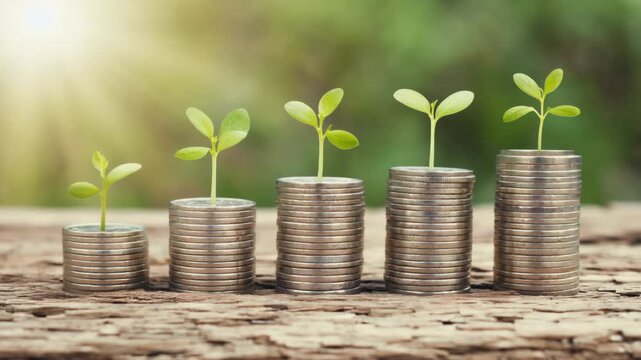 sprouting green plants atop coin stacks