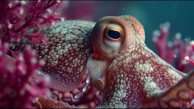 A close-up of an octopus among colorful coral.