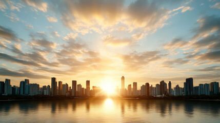 Obraz premium Stunning skyline at sunset with soft atmospheric glow reflecting on water surface