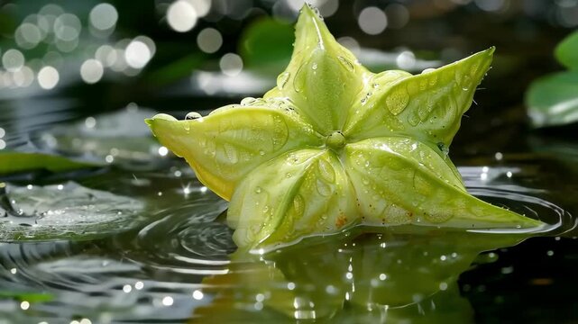 Star-shaped sacha inchi seed pod floating in water with water droplets.