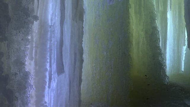 Interior view of frozen ice walls inside Eben Ice Caves, Michigan, pan right