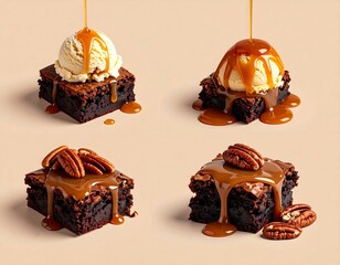 Delicious brownies topped with ice cream, pecans, and caramel sauce