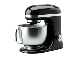 Black stand mixer with steel bowl, on a dark surface