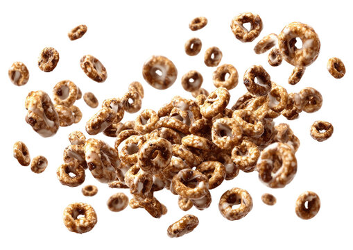 Cereal rings floating, with shiny glaze, dark background