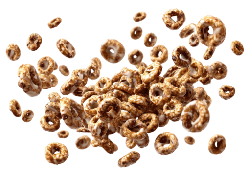Cereal rings floating, with shiny glaze, dark background