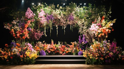 Floral stage display, event backdrop, vibrant flowers, lit stage