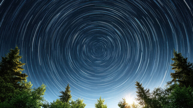 Star trails create mesmerizing circular pattern in night sky, surrounded by lush trees
