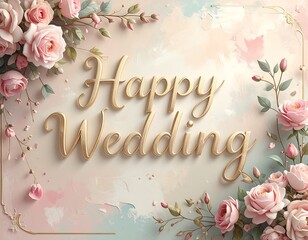 Elegant floral wedding greeting with golden text on a soft-colored background