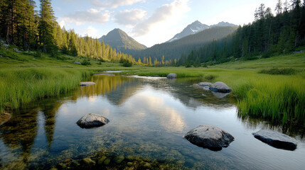 Naklejka premium Lush green valley reflecting serene mountains and clear sky creates tranquil atmosphere