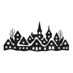 Fototapeta premium Cozy Christmas Village Silhouette Vector Illustration, Snow & Twinkling Lights.