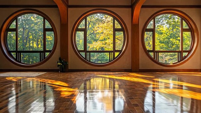 Sunlight streams through round windows onto a polished wood floor, serene and bright.