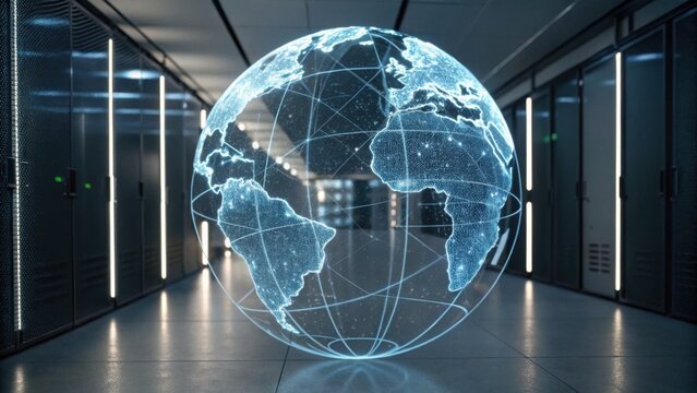 A futuristic digital globe illuminated in a data center, symbolizing global connectivity and technology.