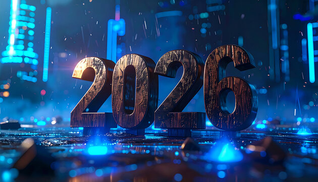 Futuristic cityscape with glowing "2026" numerals illuminated by vibrant blue light, set against a backdrop of rain and towering, modern buildings. - Powered by Adobe