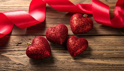 Four glitter hearts with red ribbon on aged, wooden planks