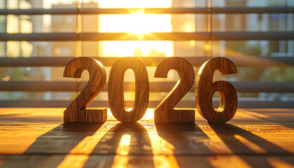 Wooden numbers spelling out the year 2026 are illuminated by warm sunlight streaming through blinds, casting long shadows on a wooden surface.