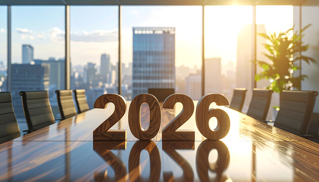 A modern boardroom with a large wooden table featuring the year "2026" prominently displayed, overlooking a sunlit city skyline through expansive windows. - Powered by Adobe