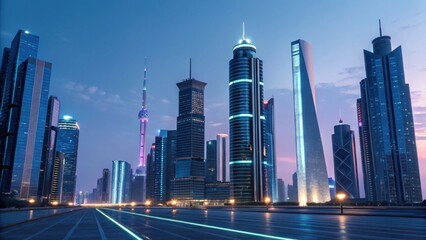 Obraz premium A stunning city skyline at dusk, showcasing modern skyscrapers with vibrant lights, capturing the essence of urban architecture and innovation.