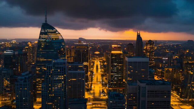 Modern skyscrapers and dramatic sunset view of an urban downtown district